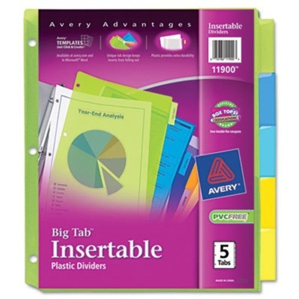 Avery Big Tab Insertable Plastic Dividers 5 Tabs Office School Organization